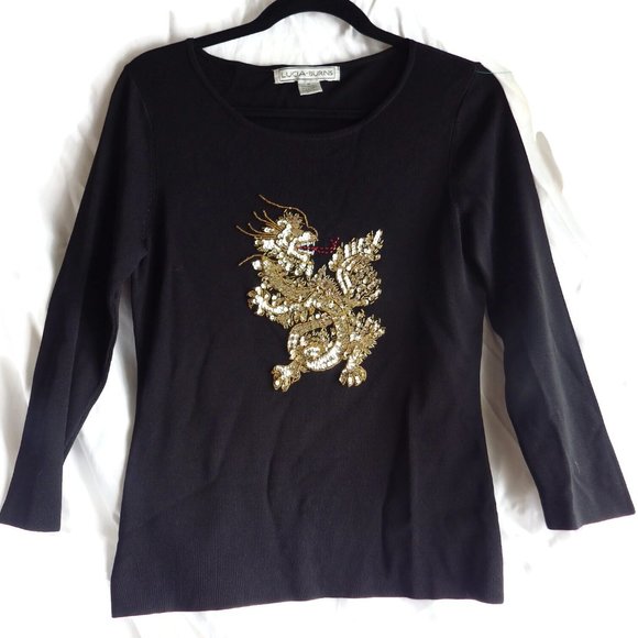 Lucia Burns Black Sweater Embellished Dragon Sequins Size M - Picture 1 of 5
